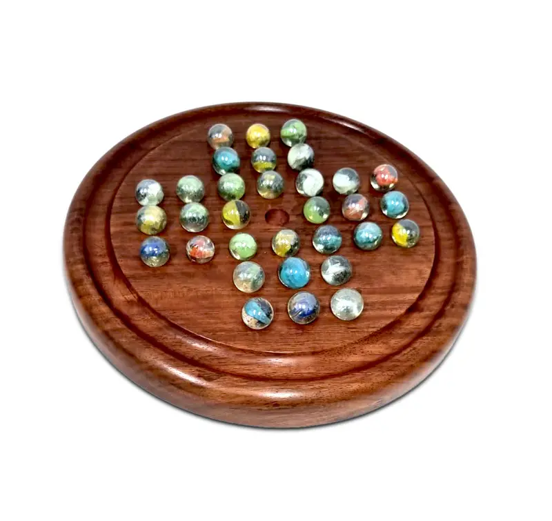 Classic Wooden Peg Solitaire Board Game With Marbles 1