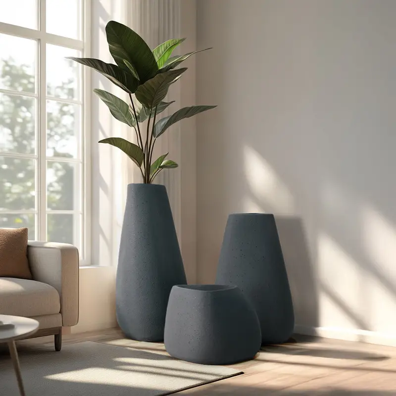 Set Of 3 Durable Fiberglass Concrete Planters – Modern Indoor/Outdoor Containers 1