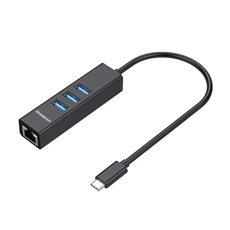 Simplecom Usb-C To 3-Port Hub With Gigabit Ethernet – Aluminum Build, Black Finish 1