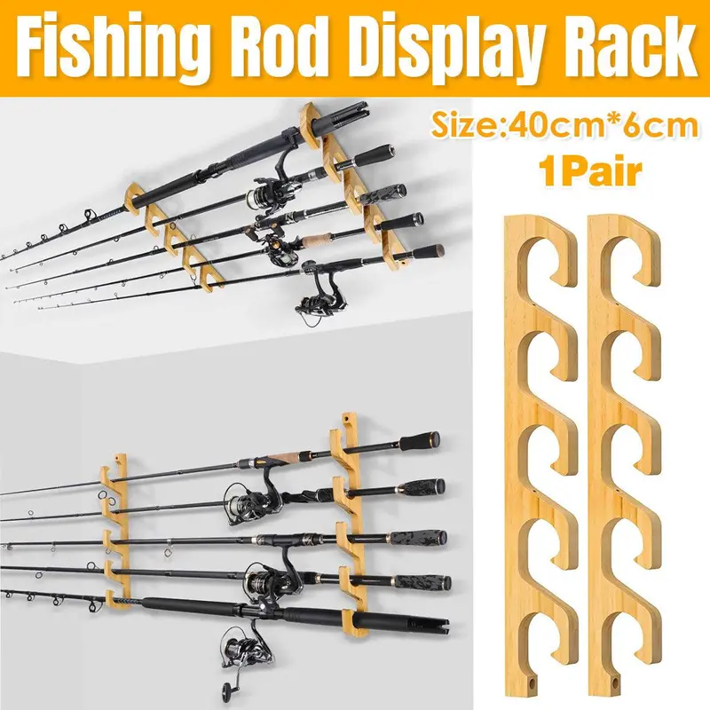 Wall-Mounted Bamboo Fishing Rod Holder & Storage Rack 1